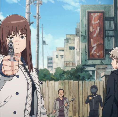 Kiruko pointing a gun at the screen while maru is on the side